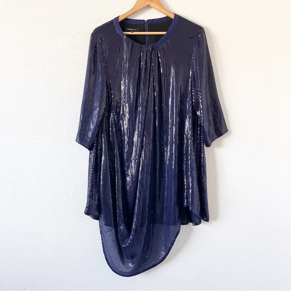 Lafayette 148 New York Navy Silk Sequin Asymmetrical Tunic Dress Cocktail Party